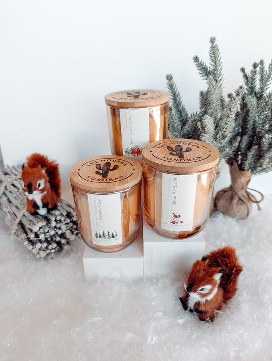 holiday candles
Celebrate the magic of the season with our Winter Candles, featuring three christmas candles to warm your home. Hearth & Heart wraps you in the cozy embrace of small-batch maple syrup, chai spices, and frothy oat milk, evoking the comfort of a steaming latte by the fire. Candy Cane Lane brings a refreshing burst of cool peppermint and creamy sweetness, reminiscent of festive treats and holiday cheer. First Snowfall captures the serene beauty of a winter morning with crisp, clean notes.