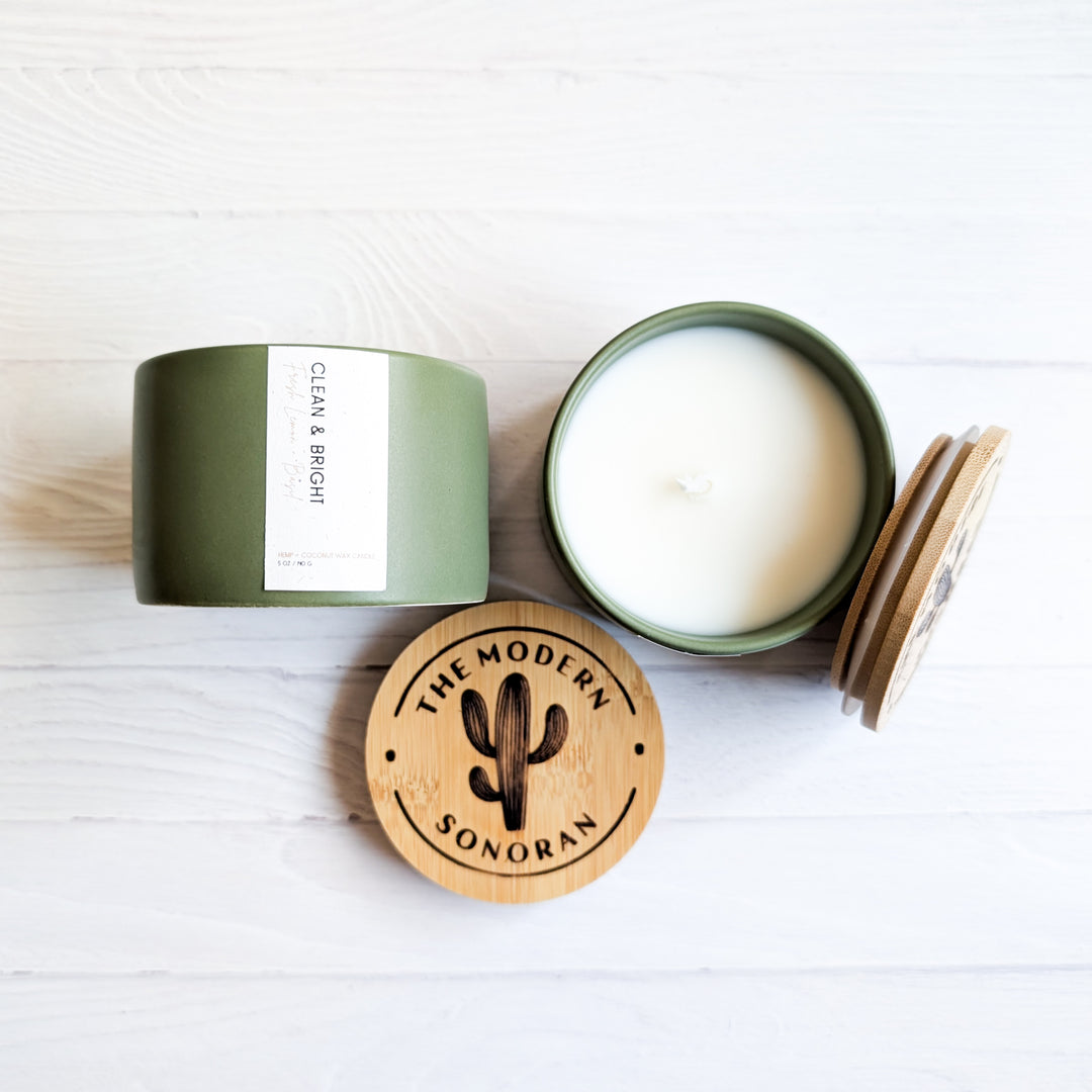 This is the candle, Clean & Bright, from our Modern Farmhouse Collection of Candles. This is a lemon & Basil scented candle. It is pictured in a sage green ceramic 5 oz jar. Made of our own hemp wax blend, this is a nontoxic candle that is made for women who value a low tox lifestyle! Looking for unique gift ideas for mothers day? Hemp gift ideas for christmas? You found it!