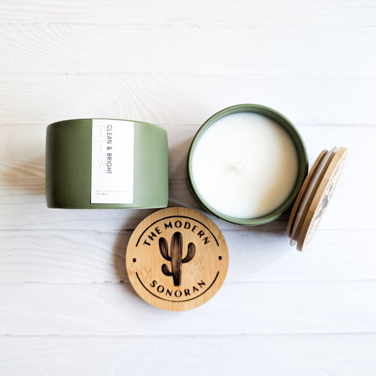 This is the candle, Clean & Bright, from our Modern Farmhouse Collection of Candles. This is a lemon & Basil scented candle. It is pictured in a sage green ceramic 5 oz jar. Made of our own hemp wax blend, this is a nontoxic candle that is made for women who value a low tox lifestyle! Looking for unique gift ideas for mothers day? Hemp gift ideas for christmas? You found it!