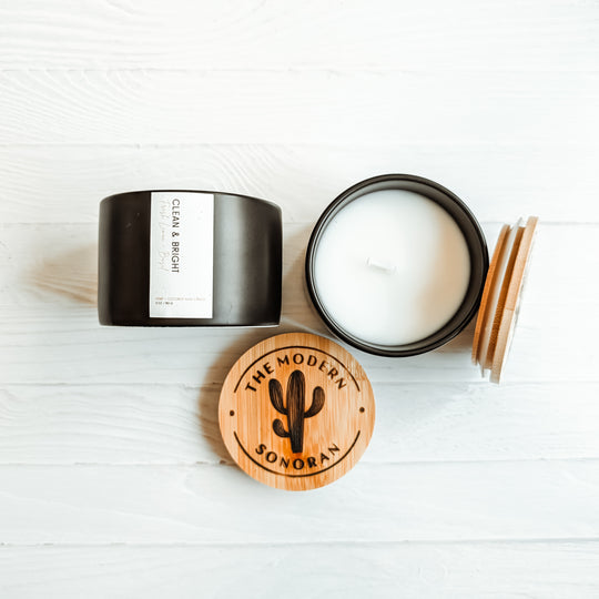 This is the candle, Clean & Bright, from our Modern Farmhouse Collection of Candles. This is a lemon & Basil scented candle. It is pictured in a black ceramic 5 oz jar. Made of our own hemp wax blend, this is a nontoxic candle that is made for women who value a low tox lifestyle! Looking for unique gift ideas for mothers day? Hemp gift ideas for christmas? You found it!