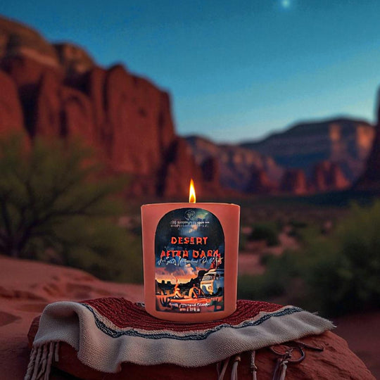 Candle labeled 'Desert After Dark' in a desert setting with mountains and stars. Clean non toxic candle - warm, homey. Best Arizona high desert boho western decor.
