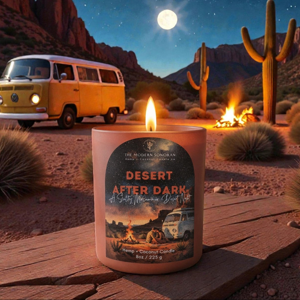 a picture of a Desert After Dark candle in an totally not ai generated background with a bus and the moon from The Modern Sonoran.