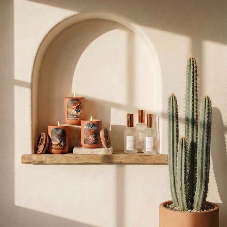 The Sonoran Signature Bundle on a shelf, high quality, non-toxic, natural ingredient only, hand made candles and room sprays by The Modern Sonoran