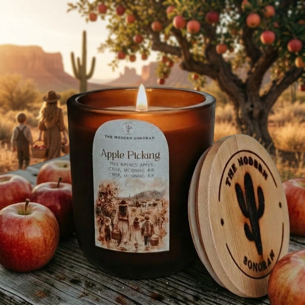An amber glass candle jar of Apple Picking with a lit flame sits on a wooden surface, surrounded by red apples. A round wooden lid with a cactus logo with the text 'THE MODERN SONORAN' on it.