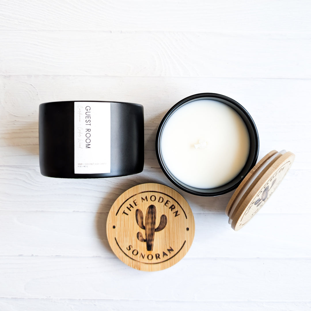  Pictured is the guest room hemp candle in black. It is part of the Modern Farmhouse Collection, a collection of candles designed for the farmhouse decor aesthetic. It is made from our own, unique Hemp & Coconut Wax. It is both soy free and paraffin free - non-toxic, sustainable, & clean ingredient. No Carcinogens, no mutagens, no hormone disruptors, organ toxins, ect. Literally the best candle ever!