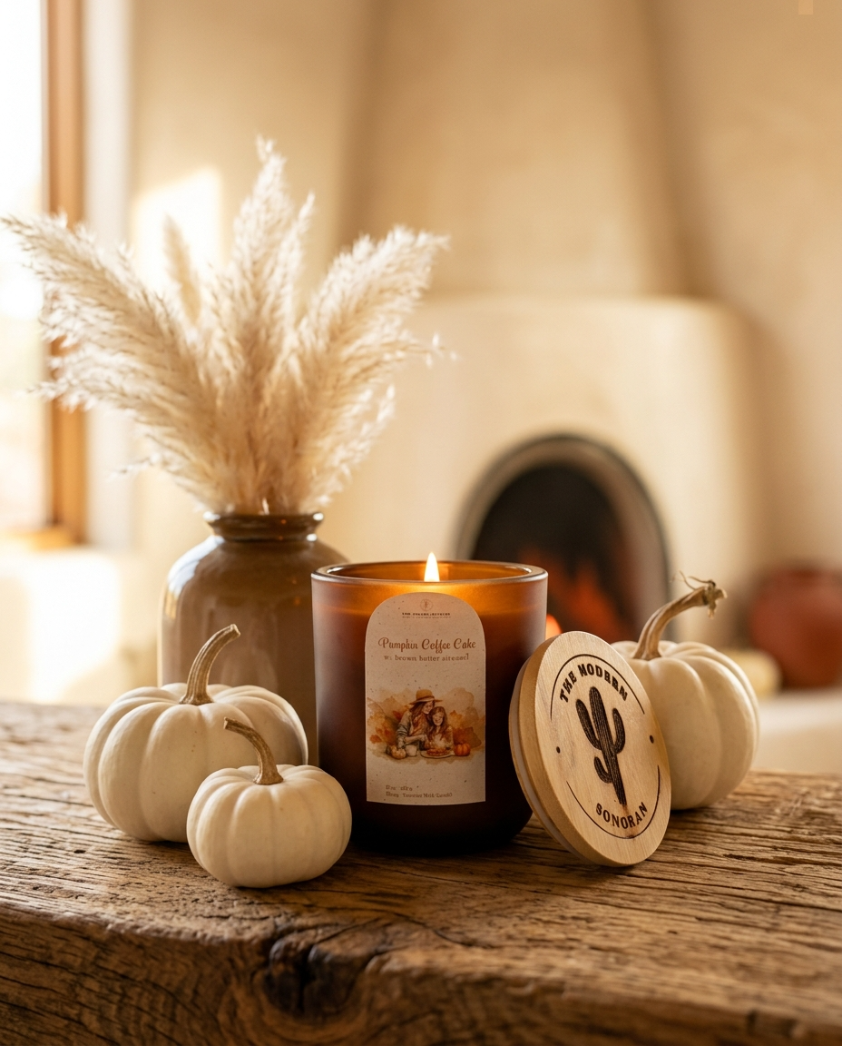 A lit amber glass candle of Pumpkin Coffee Cake sits on a rustic wooden table, styled with small white pumpkins, dried pampas grass in a brown vase, and a stack of wooden coasters. The background shows a softly blurred fireplace.