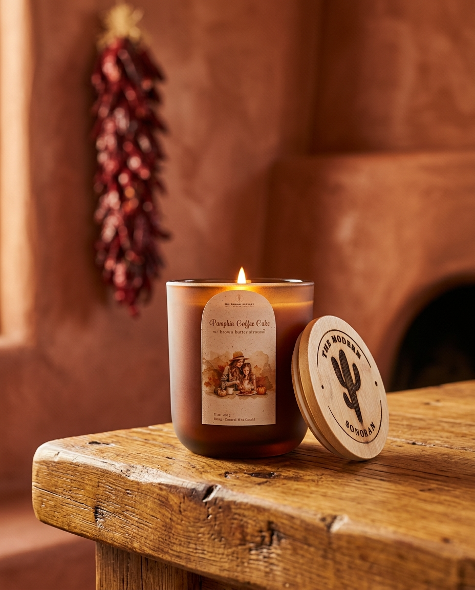 A lit amber glass candle of 'Pumpkin Coffee Cake' sits on a rustic wooden table beside a round wooden lid printed with a cactus logo.