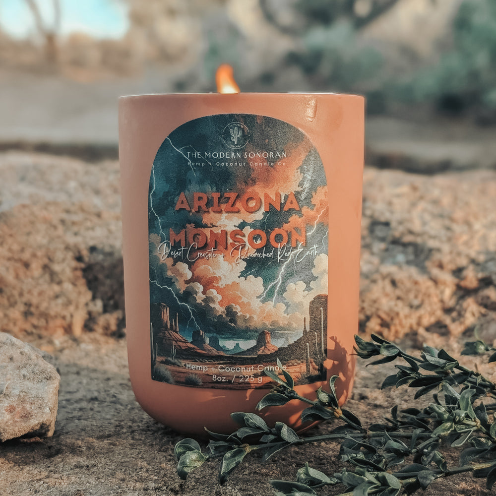Picture of an non-toxic Arizona Monsoon candle from The Modern Sonoran In the desert.
