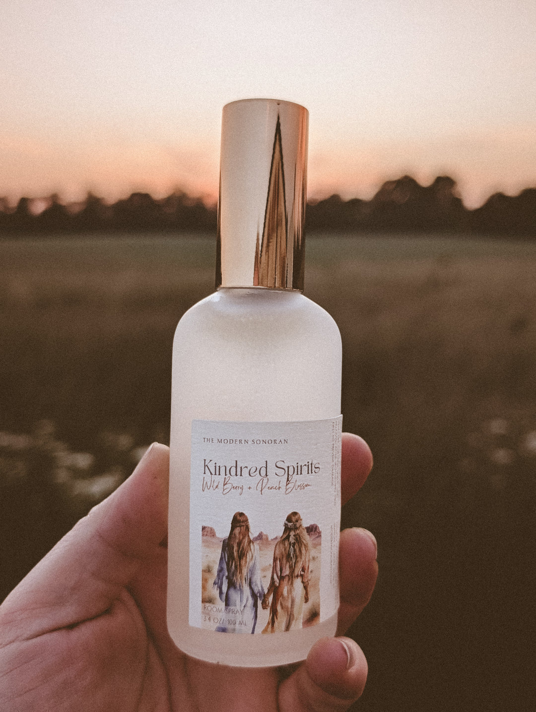 A  Kindred Spirits Room spray (Limited Edition) from The Modern Sonoran, being held in a MYSTERIOUS hand.
