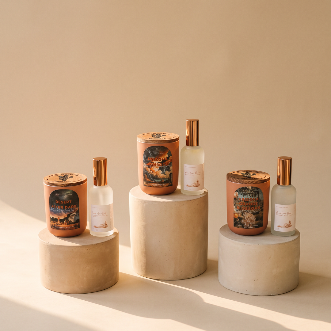The Sonoran signature bundle, including the candle and room spray variants of, Desert after dark, Arizona monsoon, and Arizona orange blossoms.