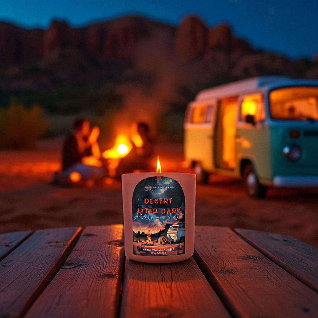 Arizona candle with an arizona desert-themed label on a wooden table at night, with a vintage van and people in the background.
