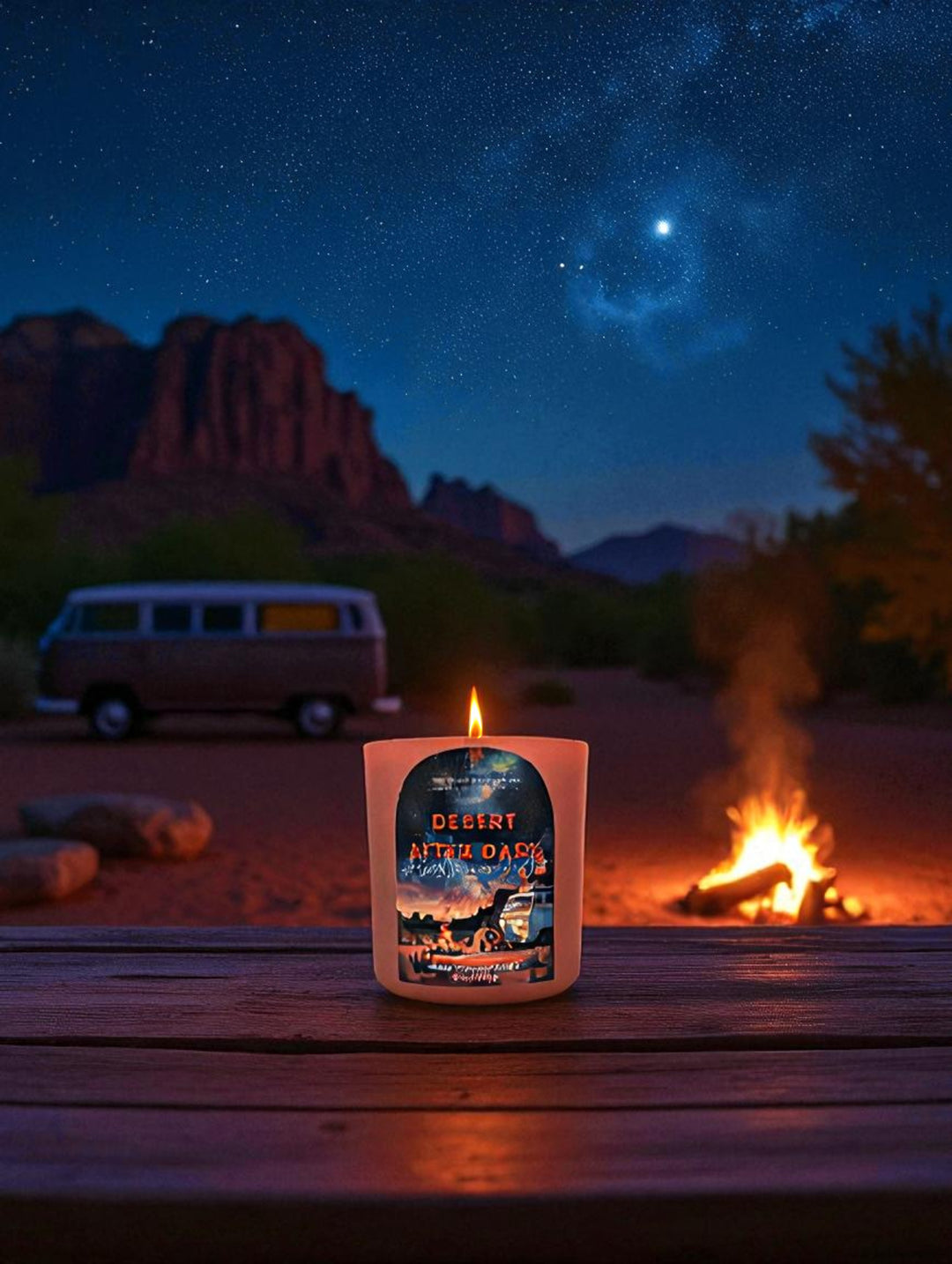 Hemp candle with an arizona desert-themed label in front of a campfire and vintage van at night.