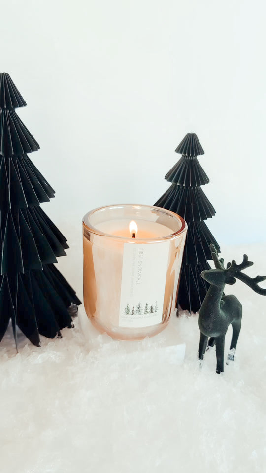 he refreshing scent of mint and eucalyptus, mingled with pine and juniper berries from the evergreen tree woods that borders your home. A hint of vanilla mixed with Christmas spice lingers, as cozy and comforting as a warm, snuggly throw in front of the fireplace. First Snowfall brings the magic of snow-dusted Christmas mornings to life, wrapping your home in the serene beauty of the season. christmas gift idea. Christmas Decor. Winter Decor. House Warming gift.