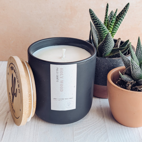 an EXTREME close up shot of a HOLY WOOD candle in a black ceramic jar next to some rather ugly plants