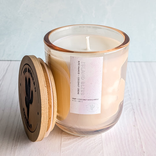 An Island Bliss candle In a glass jar