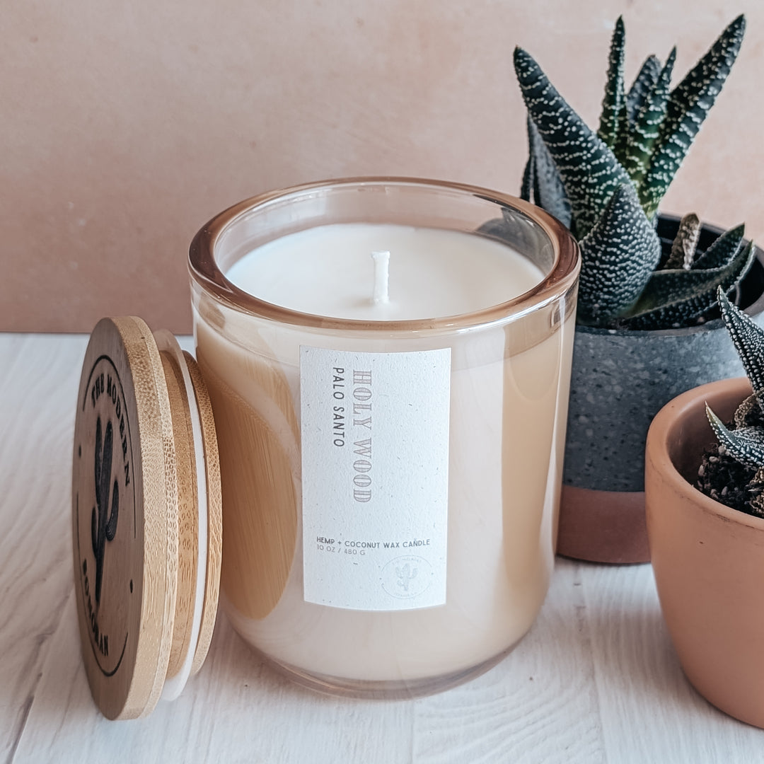 an EXTREME close up shot of a HOLY WOOD candle in a glass jar next to some rather ugly plants