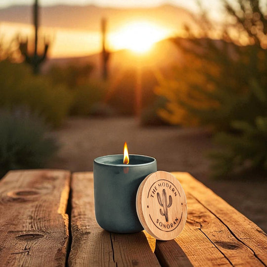 best selling arizona coffee candle by the modern sonoran. Rustic, western, southwestern decor Cactus in the background. Non-toxic essential oil candle. Best gift for coffee lovers. Candle for coffee lovers. 