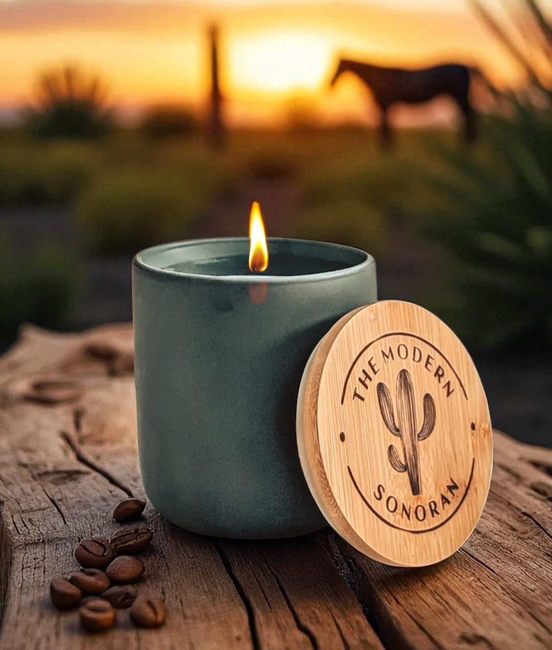 Candle  with a wooden lid featuring 'The Modern Sonoran' logo, set against a desert sunrise. Best selling coffee candle. Best candle for coffee lovers. Best gift for coffee lovers.
